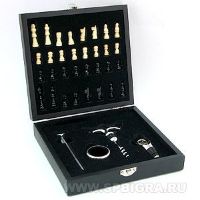 Подарочный набор в футляре в виде шахматной доски + штопор + пробка + кольцо + спиртомер, чёрный